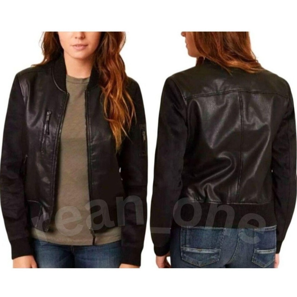 Daytrip Women's Ribbed Trim Faux Leather Black Moto Biker Black Jacket Sz Large
